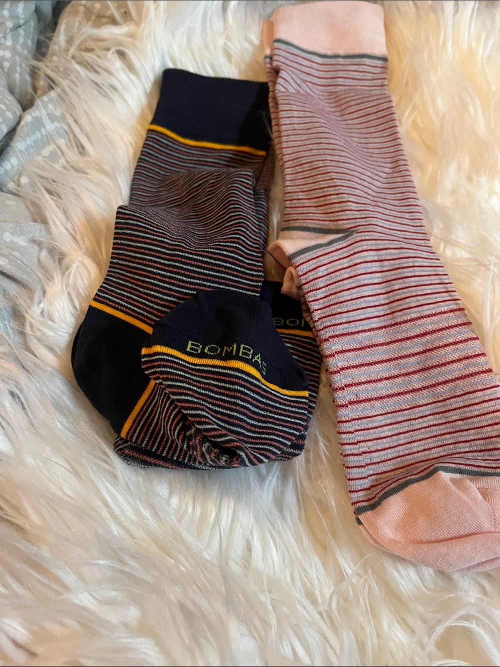 Bombas Striped Crew Socks in Navy, Pink & Yellow Accents